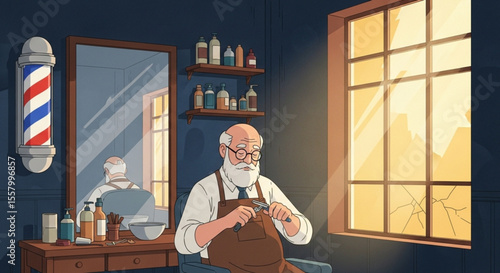 Illustration of a man with glasses cutting hair in a vintage barbershop with warm lighting, classic chair, and shaving products on shelves

