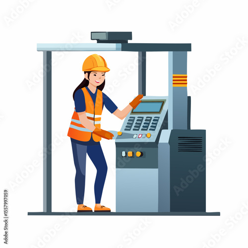 Industrial worker wearing protective gloves and helmet, managing a high-tech machine in a factory, Engineer working with heavy machinery on the factory floor, surrounded by gears, mechanical parts