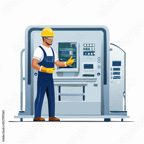 Industrial worker wearing protective gloves and helmet, managing a high-tech machine in a factory, Engineer working with heavy machinery on the factory floor, surrounded by gears, mechanical parts