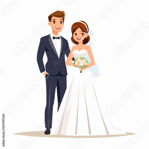 Vector illustration of a bride and groom standing together in wedding attire, clean lines, soft colors, transparent background