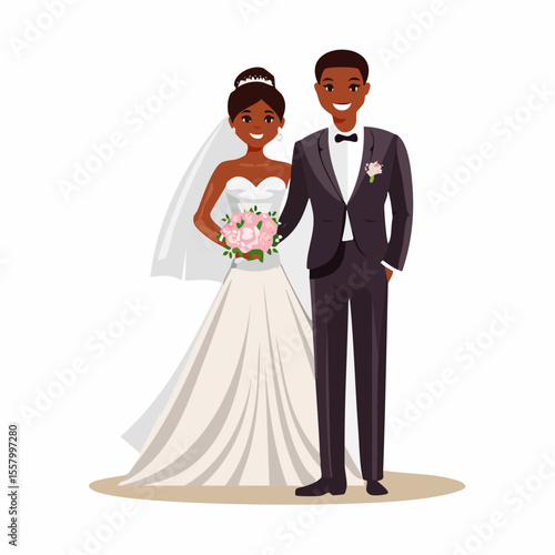 Vector illustration of a bride and groom standing together in wedding attire, clean lines, soft colors, transparent background