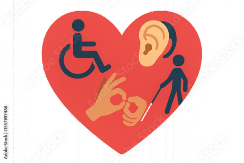 Heart Shape Filled with Inclusive Symbols Wheelchair Hearing Aid Signing Hand White Cane Illustration