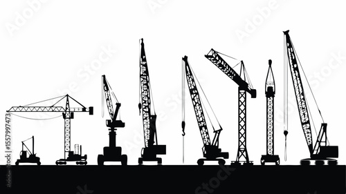 Black Silhouette of Multiple Construction Cranes on White Background Heavy Equipment and Machinery