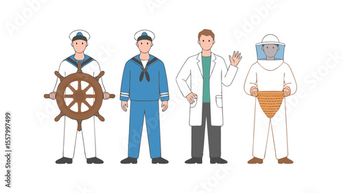 Cartoon Four Diverse Professionals – Sailor, Sailor, Scientist, Beekeeper, with Uniforms and Equipment