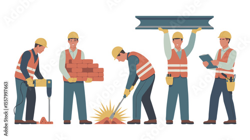 Construction Workers Jackhammer, Bricks, Welding, Lifting Steel Beam, and Clipboard Review, Safety Gear Illustration
