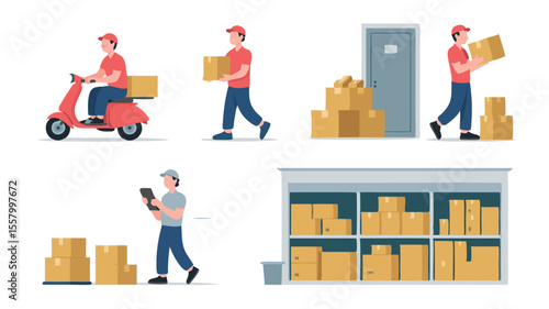 Delivery Process Illustration Courier on Scooter, Carrying Packages, Stockroom Shelves, Tablet, and Doorway Scenes