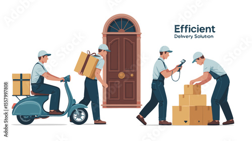 Efficient Delivery Men Delivering Boxes by Scooter, Scanning Packages, and Stacking Orders Near Door