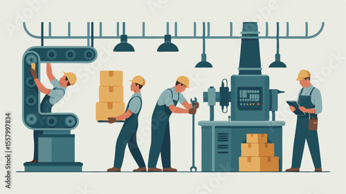 Factory Workers Operating Machinery, Assembling Boxes, and Inspecting Production on the Assembly Line