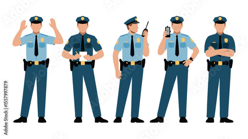 Five Flat Policemen Illustrations Standing Poses with Equipment, Police Uniform, and Neutral Faces