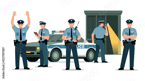 Five Police Officers with Raised Hands and Investigating with Flashlight near Police Car Illustration