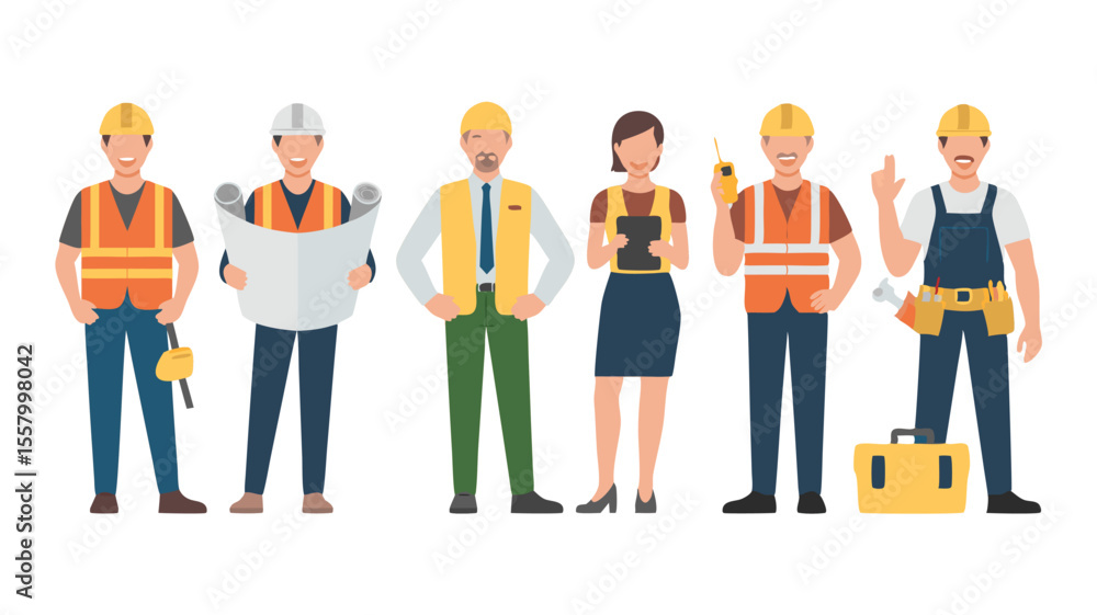 Fototapeta premium Group of Diverse Construction Workers and Engineers Wearing Hard Hats and Safety Vests Illustration