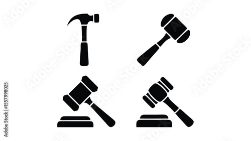 Hammer and Gavel Icons Black Silhouette of Carpentry Tool, Justice Symbolism, and Legal Equipment