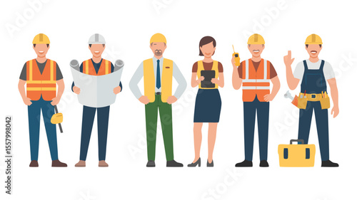 Group of Diverse Construction Workers and Engineers Wearing Hard Hats and Safety Vests Illustration