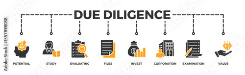 Due diligence banner web icon illustration concept with icon of potential, study, evaluating, files, invest, corporation, examination and value