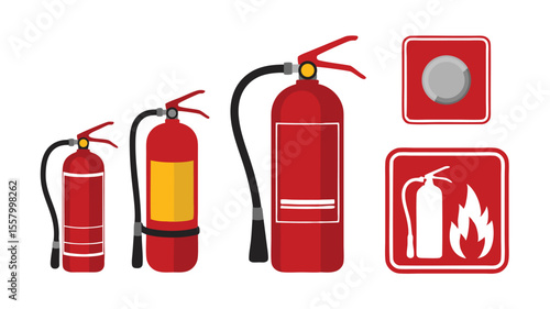 Red Fire Extinguishers in Varying Sizes with Emergency Button and Sign on White Background