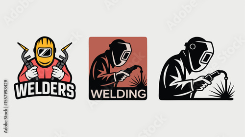 Three Welding Logos Colorful Welder with Torches, Welder Silhouette, and Monochrome Welder Design