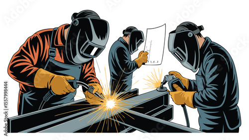 Welders at Work Welding Steel Beams While Reviewing Plans and Wearing Protective Gear