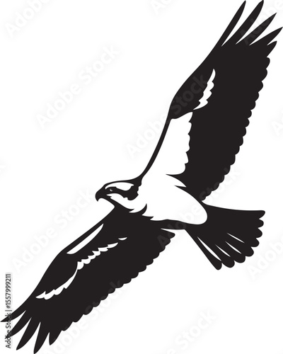 Osprey in flight silhouette clean design, Powerful bird vector artwork minimal style
