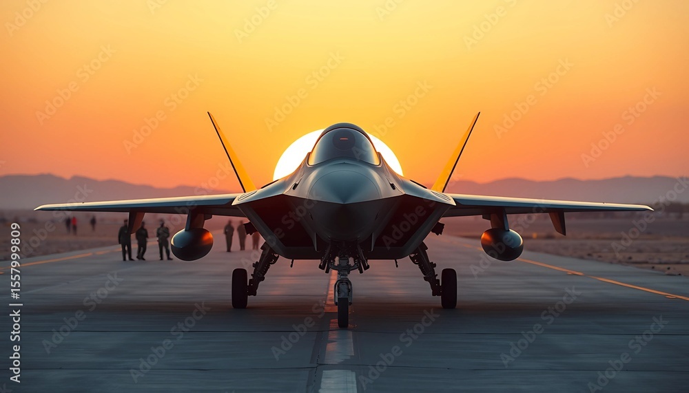 Fototapeta premium Fighter jet sits poised on a runway as a warm sunset blazes in the backdrop with silhouettes of people in a strong, vivid composition.