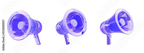 Neon glass iridescent megaphone 3d icon for advertisement of mega sale or promotion marketing and hire recruitment poster. 3d render cutout speaker element  illustration isolated on white background.