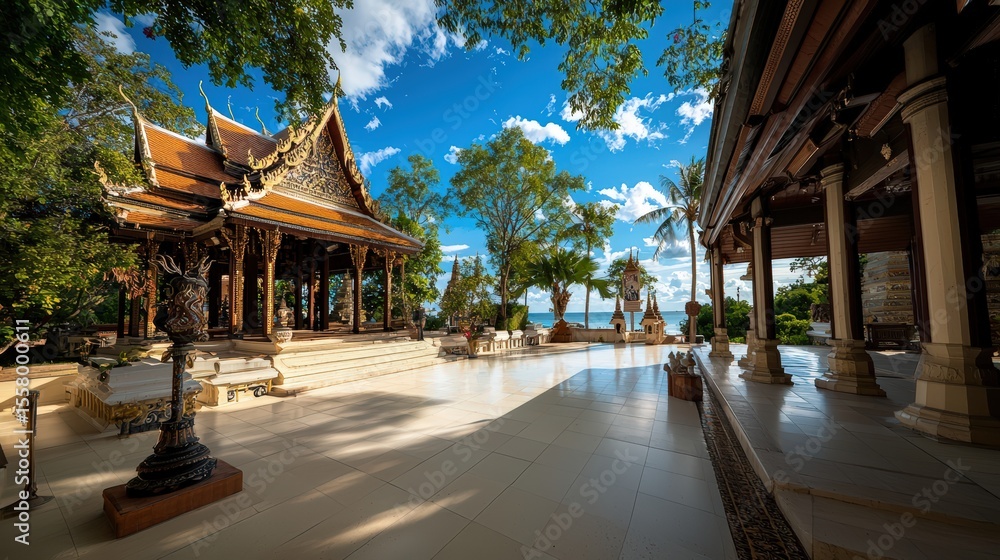 Naklejka premium Serene temple architecture coastal thailand photography tropical environment panoramic view cultural landscape