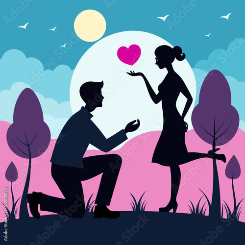 Romantic Couple Silhouette A Vector Illustration of a Man Proposing Under the Moonlit Sky