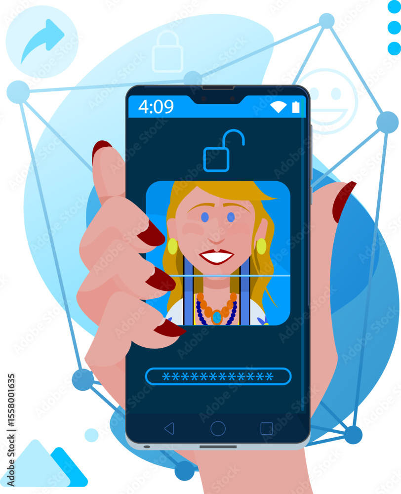 Reconhecimento facial - Desbloqueio facial de smartphone com mulher eslava