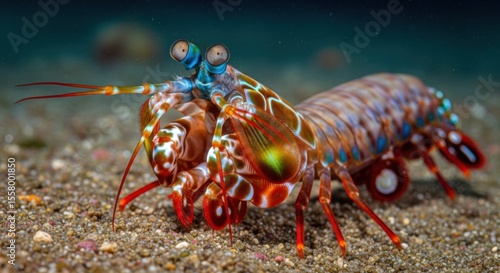 Vibrant Peacock Mantis Shrimp with Powerful Claws on Sandy Seabed
