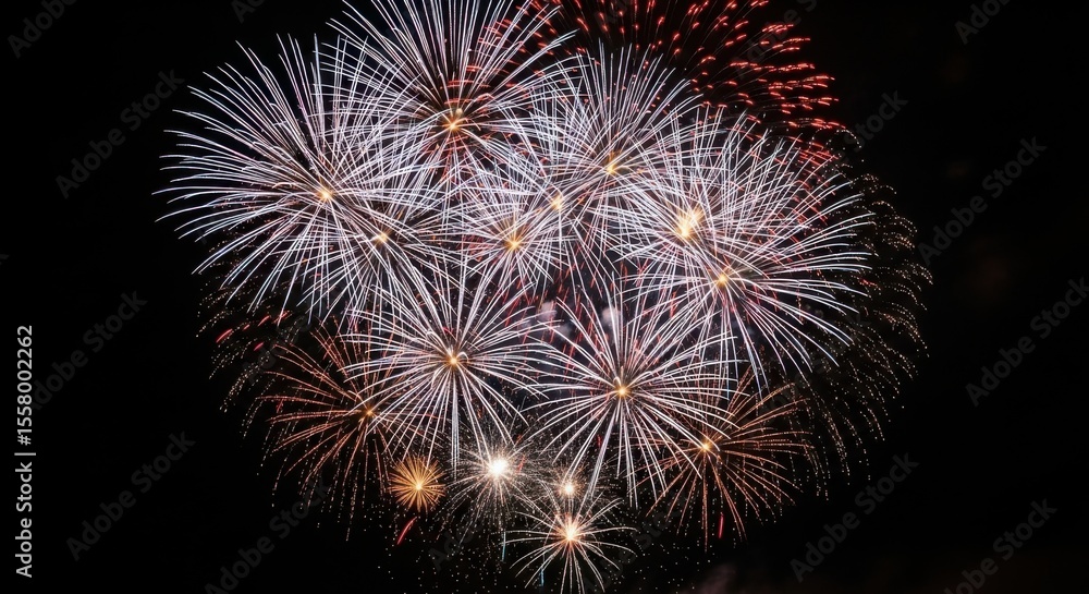 Fototapeta premium Spectacular Bursting Fireworks Display Illuminating the Night Sky with Vibrant Colors and Dazzling Patterns