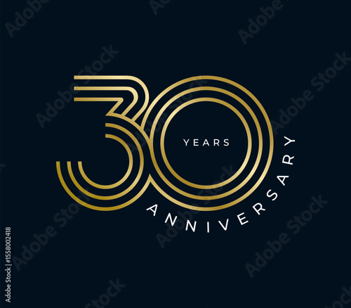 30 Years Anniversary design vector illustration. Unique 30 years logo design template. In gold color