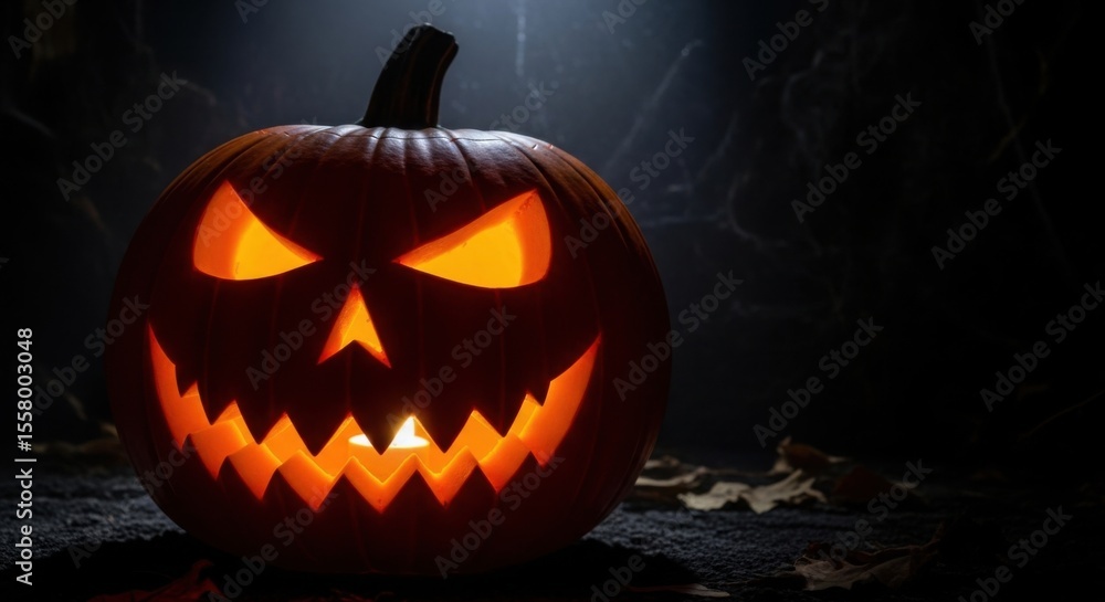 Obraz premium Creepy Jack O Lantern Grinning Menacingly In Dark Halloween Night