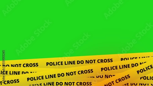 The high-quality 4K footage features bright yellow police tape that reads “DO NOT CROSS POLICE LINE” and flashing blue and red rotating lights in front of the tape against a clean green screen.