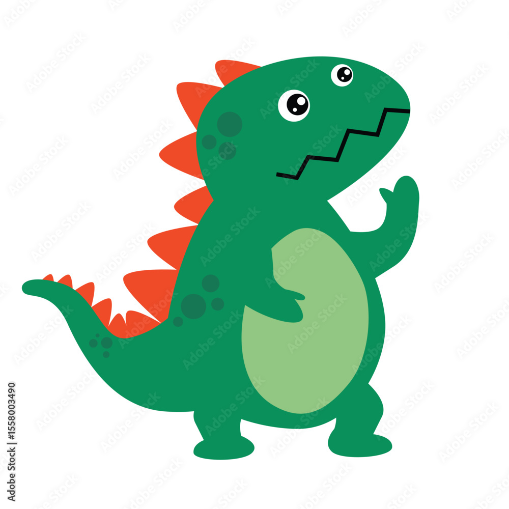 Fototapeta premium Cute dino green flat drawing. Dinosaur cartoon drawing