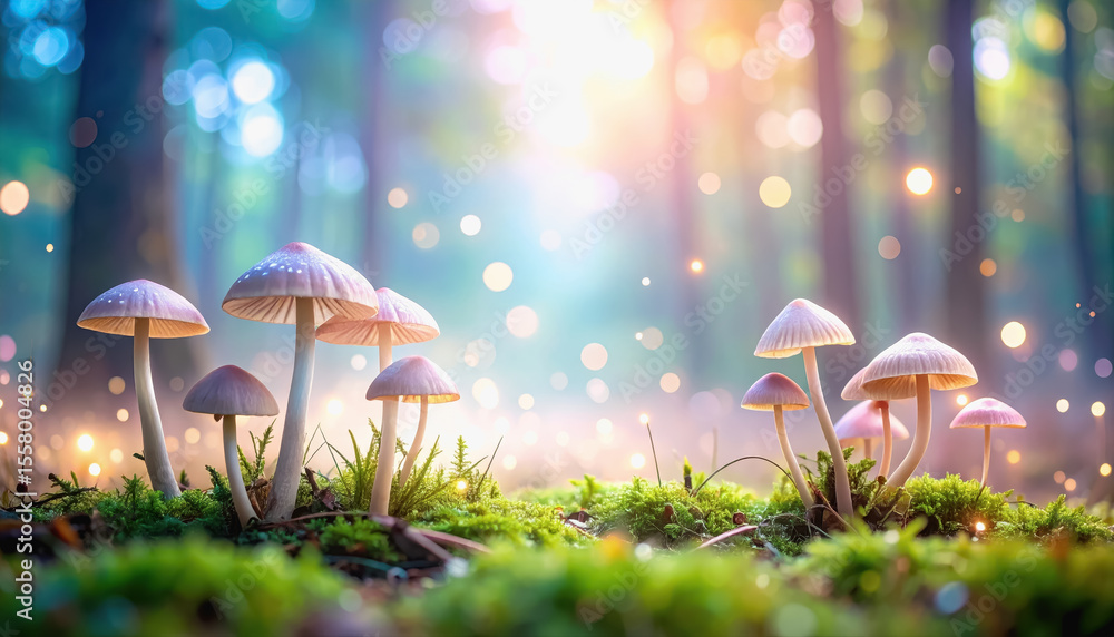 Fototapeta premium Enchanting and magical forest scene featuring glowing mushrooms and sparkling light creating a whimsical atmosphere