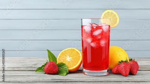 Red fruit juice drink with ice and fresh fruit.