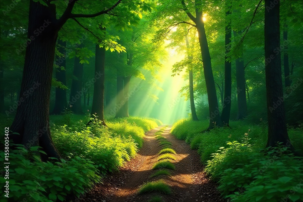 Obraz premium Winding Forest Path A Journey to Tranquility ? Sunlight Dapples Leaves on a Peaceful Trail Leading to an Unseen Destination
