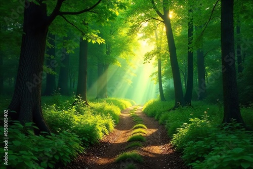 Winding Forest Path A Journey to Tranquility ? Sunlight Dapples Leaves on a Peaceful Trail Leading to an Unseen Destination