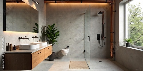 Sleek Modern Bathroom with Exposed Copper Pipes Industrial Chic Design