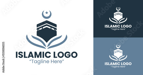 Creative Islamic Logo Design with Kaaba and Circle Frame for Business Branding in Light Blue and Dark Blue
