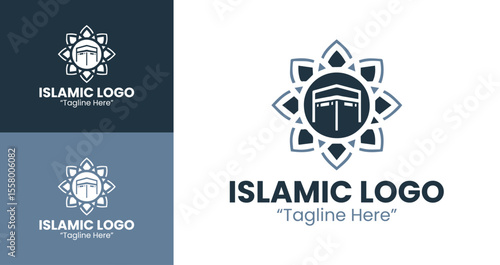Islamic Logo with Kaaba and Circular Frame for Corporate Branding Solutions in Light Blue and Dark Blue
