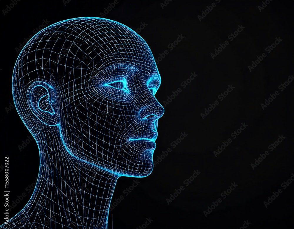 Obraz premium A human face constructed only from wires and lines, forming a transparent 3D mesh in black space.