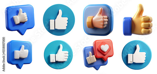 Set of thumbs up png 3d illustration transparent background, social media reaction png, like button, like icon