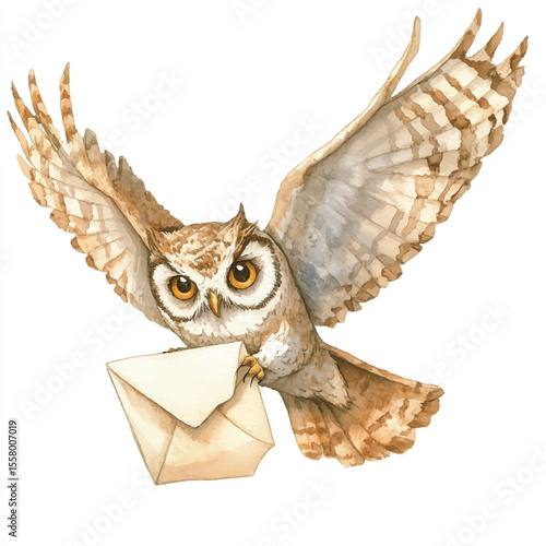 Watercolor Owl in Flight Delivering a CreamColored Envelope