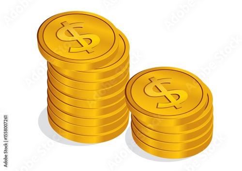 Two stacks of shiny gold coins prominently displaying dollar signs, representing wealth accumulation and financial success on a clean background