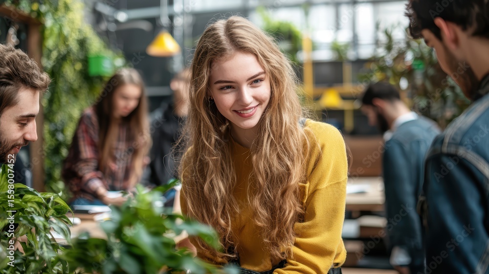 Smiling woman engaged in plant care activity. Smiling woman engaged in plant care activity.