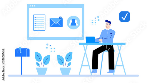 Man working on laptop at desk, checking emails. Suitable for business, work from home, freelance, technology, communication concepts.
