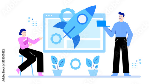 Startup launch meeting featuring two entrepreneurs in a casual setting. Perfect for pitches, presentations, business articles, and startup marketing material.