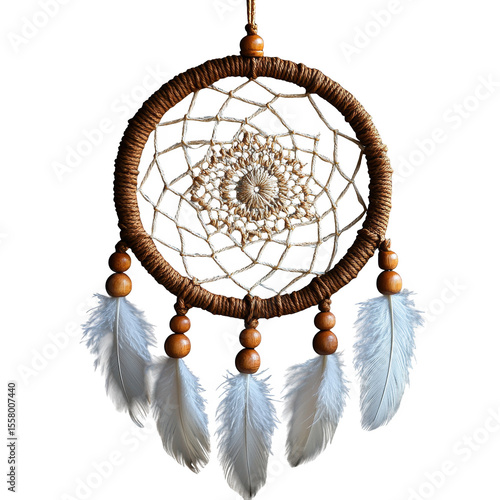 A traditional native american dream catcher with white feathers and wooden beads intricately woven with natural fibers isolated on transparent background