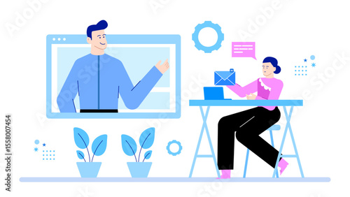 Woman reacting to a video call email. Suitable for technology, communication, remote work, and online meeting concepts and designs.
