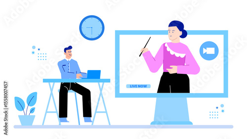 Student attending a live online class on a computer. Perfect for educational websites, blogs, online courses, eLearning platforms, and technology illustrations.